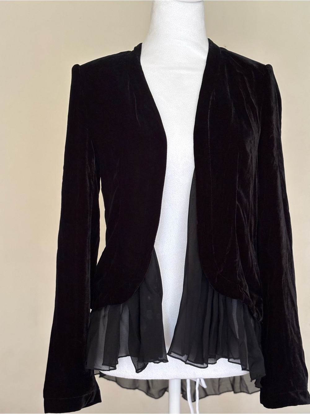 CAMI NYC Black Velvet Open-Front Silk Blazer with Ruffle Hem
